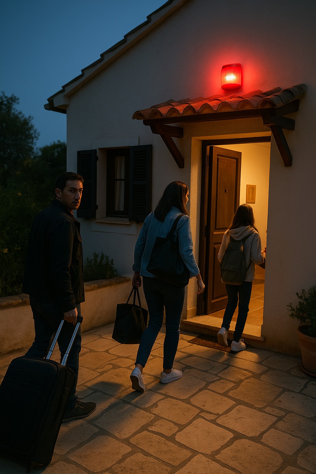 Familie von Occupados betritt bei Dämmerung ein Haus auf Mallorca – KI HomeProtect erkennt unbefugte Bewohnung und schlägt Alarm